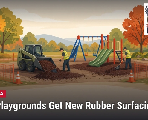 Fostoria News New rubber surfacing installed at Fostoria city playground with workers.